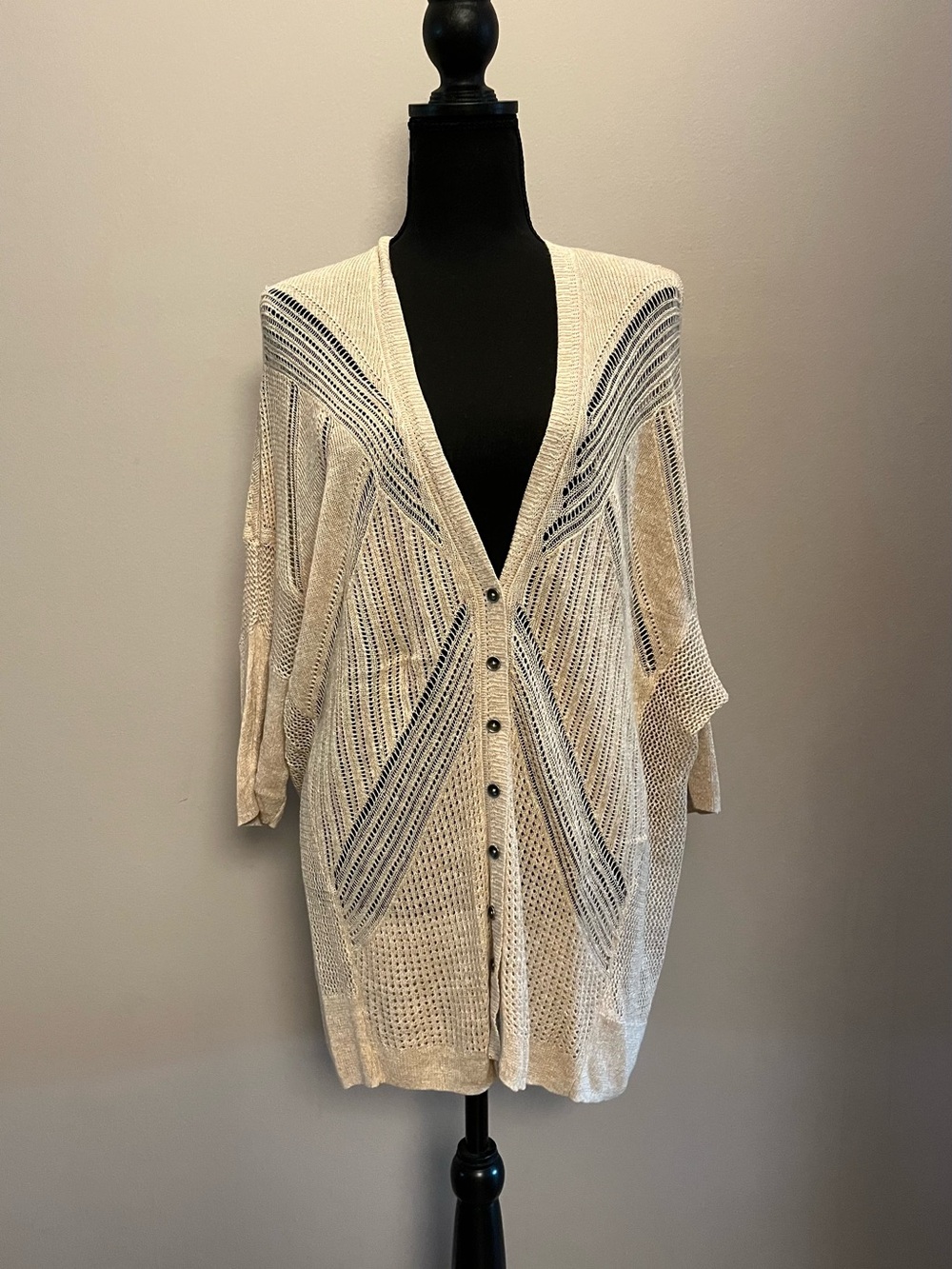 ZOZO Cream/Light Tan Lightweight Open-Knit Button Cardigan Sweater